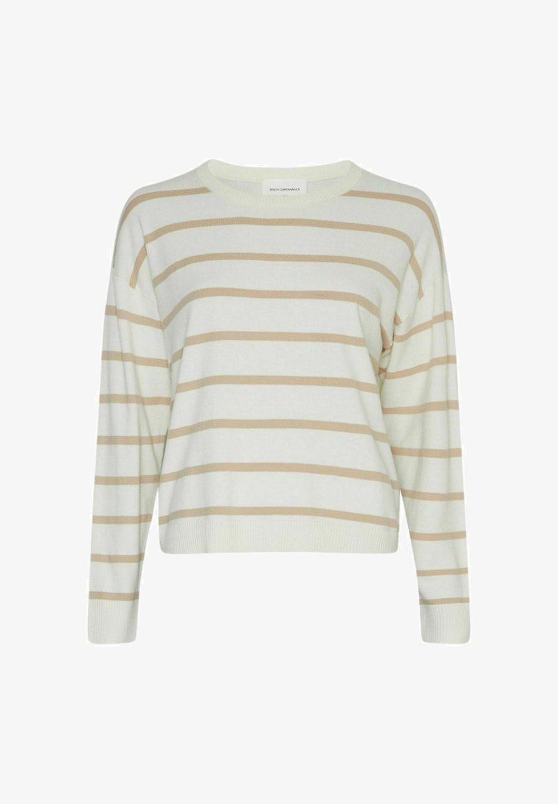 Biely sveter s dlhým rukávom s béžovými horizontálnymi pruhmi, okrúhlym výstrihom a rebrovanými manžetami a lemom.