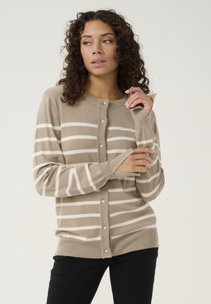 Beige cardigan with white horizontal stripes, featuring a round neckline and front buttons. Soft texture, long sleeves with ribbed cuffs.