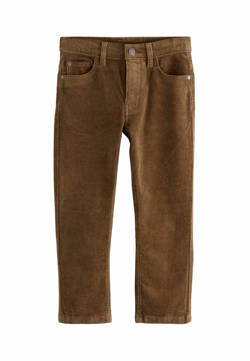 I pantaloni in corduroy marroni presentano una vestibilità dritta, con cinque tasche, accessori in metallo e una texture creata da righe verticali.