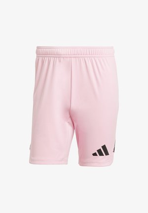 Light pink athletic shorts with an elastic waistband, featuring black Adidas logo and three stripes on the left leg. Smooth fabric texture.