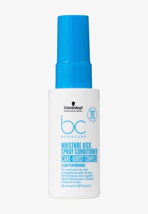 Bouteille en plastique blanche avec un capuchon de pompe bleu. Présente une étiquette avec du texte noir et bleu. Contient 50 ml de spray hydratant conditionneur.