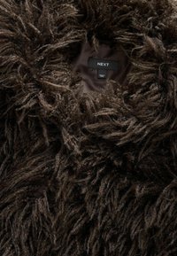 Brown shaggy faux fur coat with a visible label inside reading "NEXT" and "Made in China" on a dark inner lining.