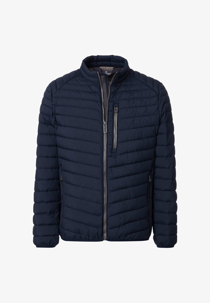 Donkerblauwe gewatteerde jas met een opstaande kraag, diagonaal doorgestikt patroon en twee zijzakken met rits. Voorzijde met ritssluiting voor gemakkelijk dragen.