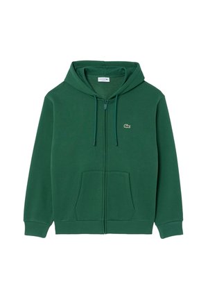Donkergroene hoodie met ritssluiting, voorzakken, capuchon met trekkoord en klein krokodillenlogo op de linkerborst.