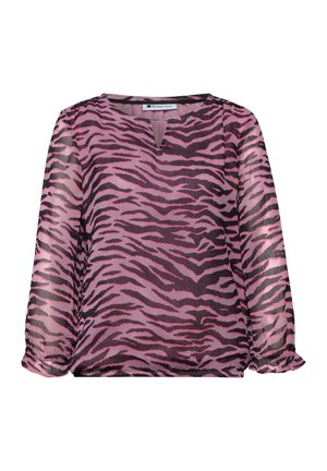Roze en zwarte zebraprint blouse met lange mouwen, een ronde hals en een klein V-split, geplooide manchetten en licht doorschijnende stof.