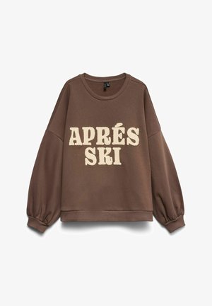 Brązowa bluza z prążkowanym dekoltem typu crew neck i bufkami na rękawach. Na przodzie znajduje się napis "APRÈS SKI" w kremowych, fakturowanych literach.