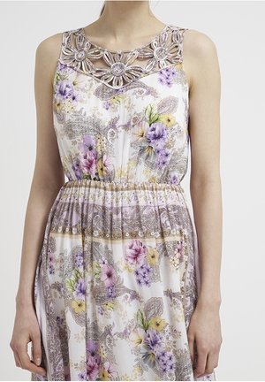 Maxikleid aus leichtem Stoff mit floralen Mustern in Lila, Gelb und Pink, offensichtlichem Kragen und gerafftem Bund.