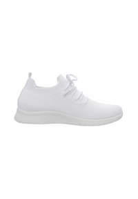 Scarpe sportive bianche con tomaia in maglia, lacci piatti e design testurizzato. Presentano una suola imbottita e una struttura semplice e senza cuciture.
