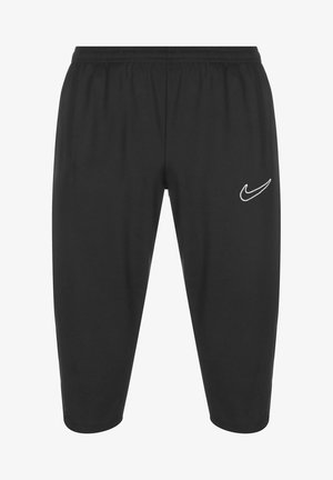 Schwarze Sportshorts mit elastischem Bund, knielang geschnitten und einem weißen Nike-Logo auf der unteren rechten Seite. Glatte Stoffoberfläche.