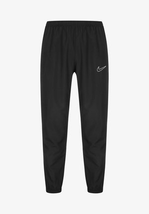 Schwarze Nike-Sporthose mit elastischem Bund und Bündchen, versehen mit einem kleinen weißen Nike-Swoosh-Logo am oberen linken Bein.