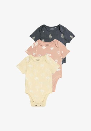 Tre bodysuit a manica corta: blu navy con stampa di ananas, rosa con motivi bianchi astratti e giallo pallido con disegni di palme. Tessuto di cotone.