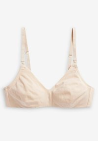 Drahtloser Büstenhalter aus leichtem Pfirsichbaumwollstoff. V-förmiges Design mit verstellbaren Trägern, minimalen Nähten und glatter Textur. Weiche Stoffoberfläche.