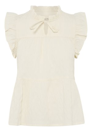 Cremfarbene Bluse mit rüschenden Ärmeln, rundem Ausschnitt, einem Schlüsselloch-Öffnung und einem Peplum-Saum. Hergestellt aus strukturiertem, leichtem Stoff.