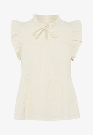 Cremfarbene Bluse mit rüschenden Ärmeln, rundem Ausschnitt, einem Schlüsselloch-Öffnung und einem Peplum-Saum. Hergestellt aus strukturiertem, leichtem Stoff.