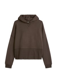 Braunes, kurzes Kapuzen-Sweatshirt mit geripptem Saum, weiten Ärmeln und einer mehrlagigen, tiefen Kapuze. Glatte Textur mit einem dezenten, gedämpften Ton.