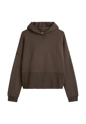 Braunes, kurzes Kapuzen-Sweatshirt mit geripptem Saum, weiten Ärmeln und einer mehrlagigen, tiefen Kapuze. Glatte Textur mit einem dezenten, gedämpften Ton.