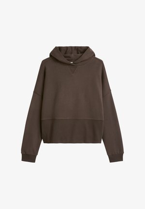 Braunes, kurzes Kapuzen-Sweatshirt mit geripptem Saum, weiten Ärmeln und einer mehrlagigen, tiefen Kapuze. Glatte Textur mit einem dezenten, gedämpften Ton.