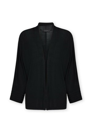 Czarny kardigan z otwartym przodem, długimi rękawami i luźnym krojem, z subtelnymi prążkowanymi detalami na mankietach.