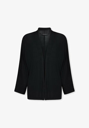 Zwarte open-front cardigan met lange mouwen en een ontspannen pasvorm, met subtiele geribbelde details aan de manchetten.