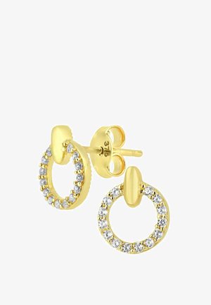 Zlaté náušnice s okrúhlym dizajnom, obklopené lesklými transparentnými drahými kameňmi a hladkým, oválnym stehenným uzáverom.