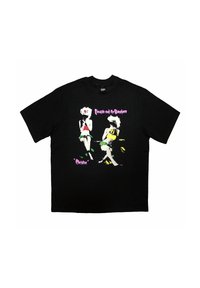 Black cotton t-shirt featuring a graphic print of two figures with colorful accents. Text reads "Siouxsie and the Banshees" and "Christine."