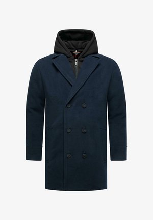 Tumes navy villasegustist valmistatud mantel, millel on topelt rinnutus, laiad kraed ja eemaldatav must kapuutsiline vooder, millel on эшелонipann.