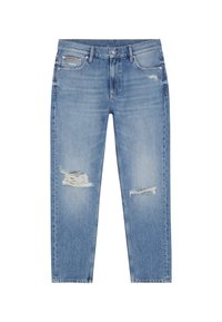 Jeans in denim azzurro chiaro con vestibilità rilassata, ginocchia strappate e leggera scoloritura. Design classico a cinque tasche con chiusura a bottone.