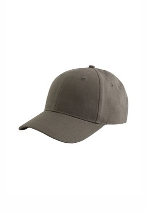 Cappellino da baseball in tessuto grigio con sei pannelli, occhielli di ventilazione e una visiera curva inclinata verso sinistra su sfondo bianco.