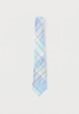 Lichtblauwe geruite stropdas met gekruiste strepen in wit, oranje, paars en gele tinten op een effen witte achtergrond.