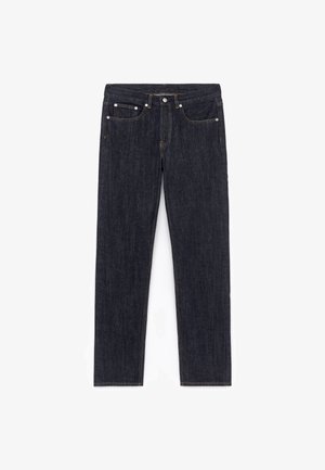 Dunkelblaue Jeans aus Denim mit geradem Schnitt, fünf Taschen, kupferfarbenen Beschlägen und kontrastierenden Nähten. Keine sichtbaren Abnutzungen oder Verzierungen.