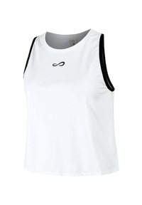 Top atlético blanco sin mangas con detalles en negro, escote redondo y un logo de símbolo de infinito centrado. Hecho de un tejido ligero.