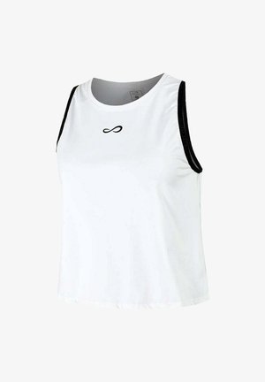 Weißes ärmelloses Sportoberteil mit schwarzen Akzenten, rundem Halsausschnitt und einem mittig platzierten Unendlichkeitssymbol-Logo. Hergestellt aus leichtem Stoff.