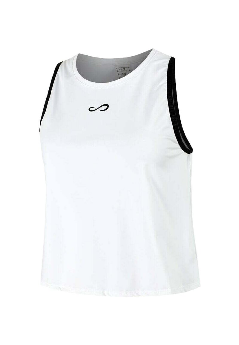 Top atlético blanco sin mangas con detalles en negro, escote redondo y un logo de símbolo de infinito centrado. Hecho de un tejido ligero.