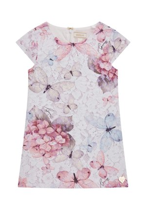 Vestido blanco de encaje con estampado de mariposas rosas y azules y flores, mangas cortas y pequeña etiqueta en forma de corazón dorado en el dobladillo.