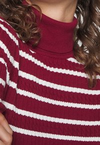 Pull à col roulé en tricot rayé bordeaux et blanc avec un motif texturé, col côtelé et manches longues. Gros plan sur le tissu.