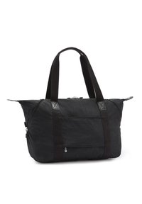 Borsa tote nera in tessuto con una finitura testurizzata. Presenta due manici robusti, una chiusura con zip e una tasca frontale. Accessori in metallo tono argento.
