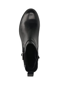 Schwarze Leder-Stiefelette mit glatter Oberfläche, schlanker Form, seitlichem Reißverschluss und Zugschlaufe an der Ferse für ein einfaches An- und Ausziehen.