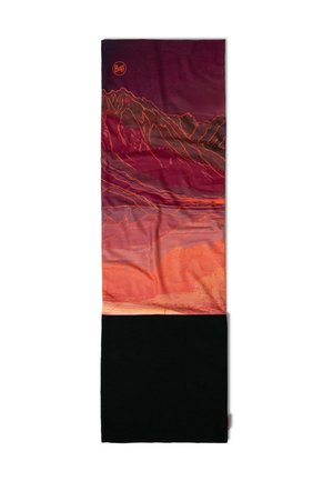 Tubular buf multicolor que presenta un degradado de púrpura y naranja con gráficos de montañas sobre una sección negra texturizada en la parte inferior.