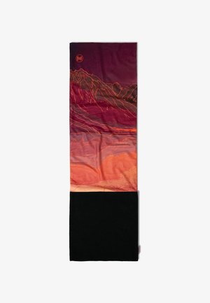 Multicolor Buff neck tube featuring a gradient of purple and orange with mountain graphics above a black textured section at the bottom.