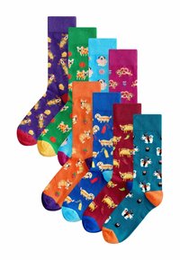 Deviņi kokvilnas zeķu pāri dažādās krāsās ar jautriem suņu motīviem un kontrastējošām pirkstu akcentiem. Krāsas ietver purpursarkanu, zaļu, zilu, sarkanu un oranžu.