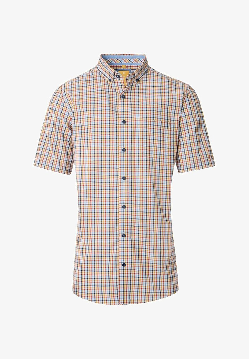 Kurzärmliges Button-Up-Hemd aus Baumwolle mit einem mehrfarbigen Karomuster, blauen Knöpfen und einer einzelnen Brusttasche.