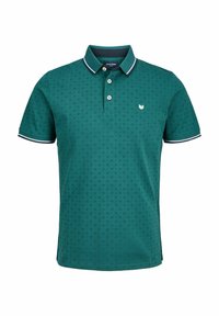 Cămașă polo verde cu un model în diamant, două butoane și un guler contrastant. Materialul are o textură netedă cu accente subtile.