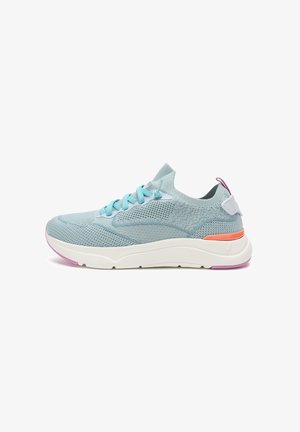 Light blue mesh sneaker with turquoise laces, a white sole, and an orange accent. Features a textured surface and a low-profile design.