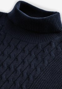 Dunkelblauer gestrickter Pullover mit hohem Rippkragen. Besitzt ein strukturiertes Zopfmuster auf der Vorderseite und glatte Rippungen am Kragen und Saum.