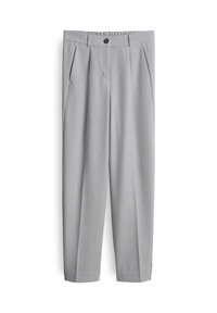 Light gray pleated trousers with an elastic waistband, single button, and tapered legs. Fabric has a smooth texture with a subtle sheen.