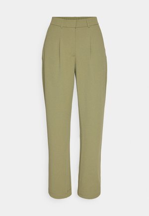 Pantalons vert olive au design ajusté, avec des plis à l'avant et une coupe droite, fabriqués dans un tissu lisse et léger.