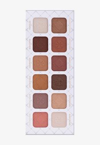 Palette di 12 quadrati di ombretti in vari colori, tra cui bianchi, marroni e tonalità rame, in un elegante astuccio rettangolare con motivi in rilievo.