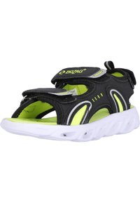 Svart och neongrön sandal med öppen tå, justerbara remmar och en texturerad sula. Har en lätt design och en flexibel gummisula.