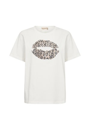 T-shirt en coton blanc avec un design graphique représentant des lèvres à motif léopard en gris et beige. Manches courtes et coupe décontractée.