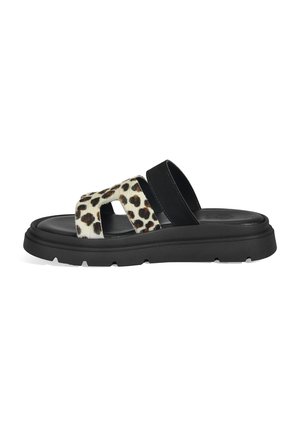 Black platform slide sandal with leopard print band, featuring a soft texture, two wide straps, and a contoured sole for comfort.